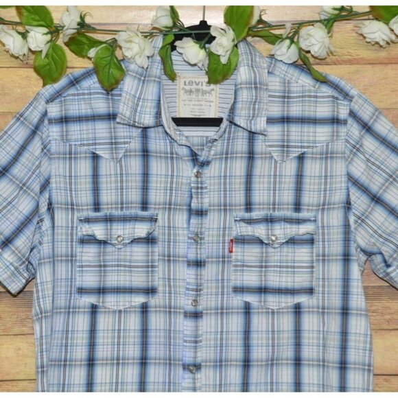 Levi’s Blue & White Plaid Pearl Snap Short Sleeve Button Up Western Shirt M - Picture 2 of 9